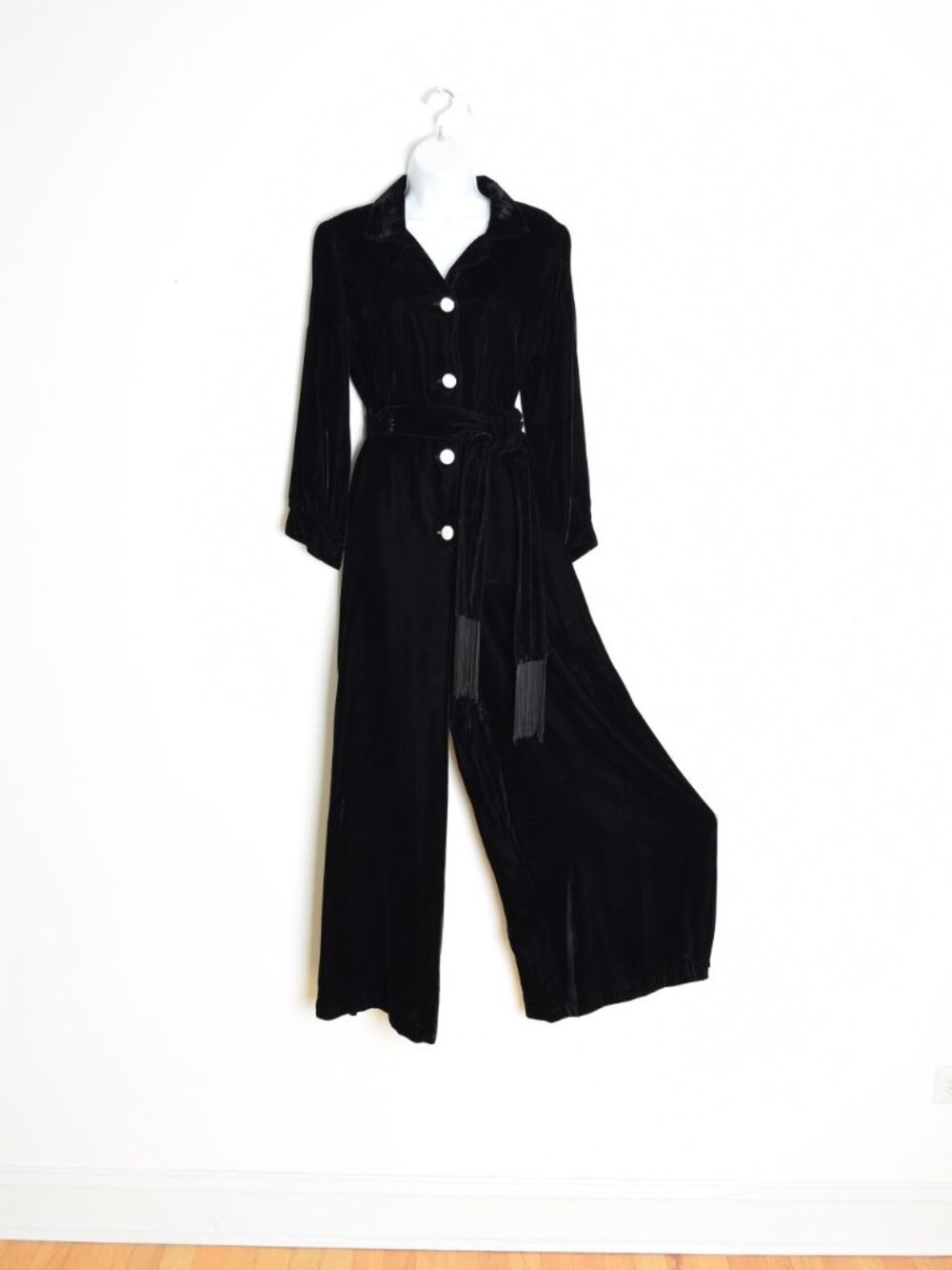 vintage 60s jumpsuit black velvet wide leg palazzo one piece outfit romper L